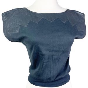 Vintage 1980's Bernie Blue Black Short Sleeve Raglan Top W/ Faux Leather Detail